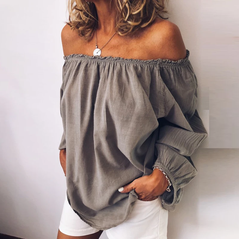 2023 Blouses Women Solid Casual Off Shoulder Blouse Shirt Tops Plus Size Blouse Women One Neckline Pleated Elastic Lady\'s Shirt