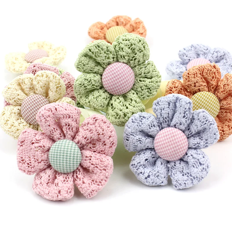 10Pcs 3.5cm Handmade Lace Fabric Flowers Padded Appliques For Crafts Baby\'s Headwear Hairpin Decor Ornaments Accessories