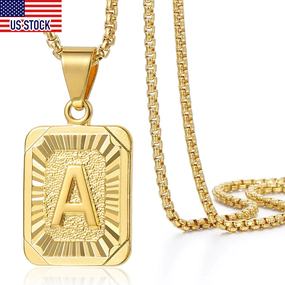 Gold Color Initial Letter Pendant Necklace For Men Women Square A-Z 26 Alphabet Charm Name Necklace Wholesale Jewelry GPM05B