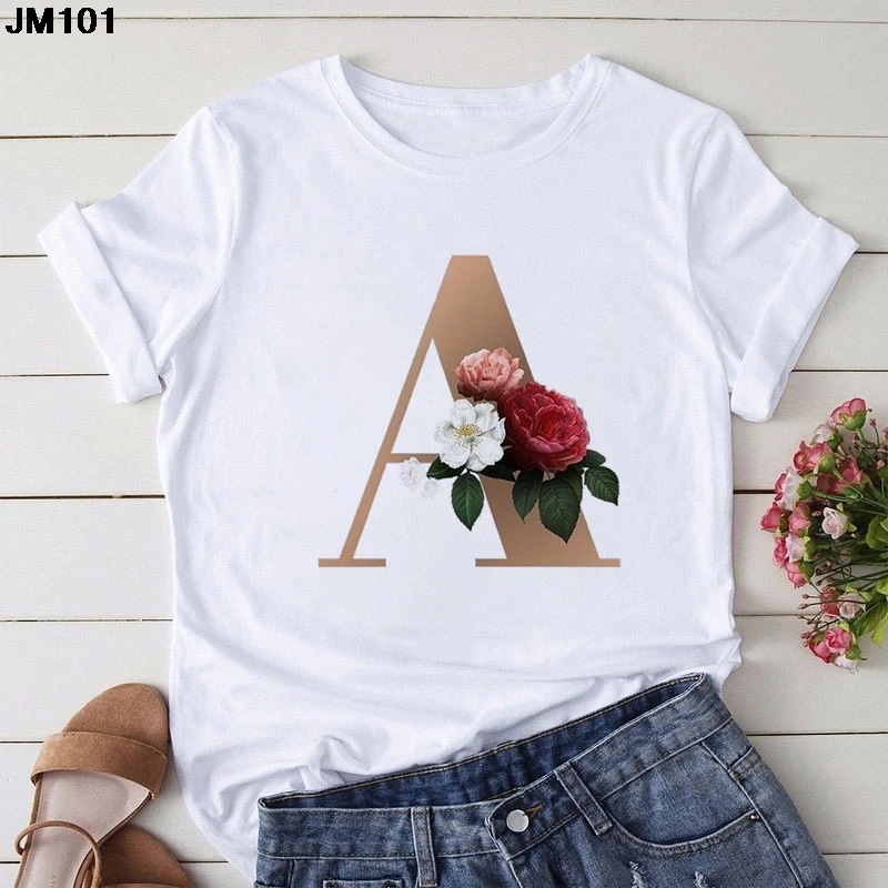 Custom Name Letter Combination Women Printed T-shirt Flower Letter Short Sleeve T Shirt Harajuku Fashion White Top Female Tshirt