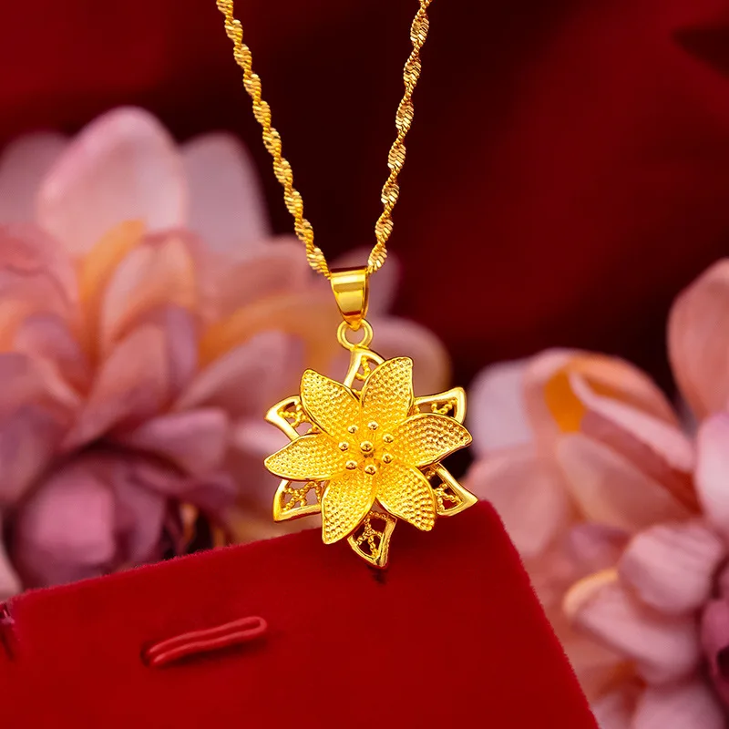 Pure 18K Yellow Gold Necklace Pendant Women Charm Gold Chain Luxury Jewelry for Women Little Flower Pendant for Christmas Gifts