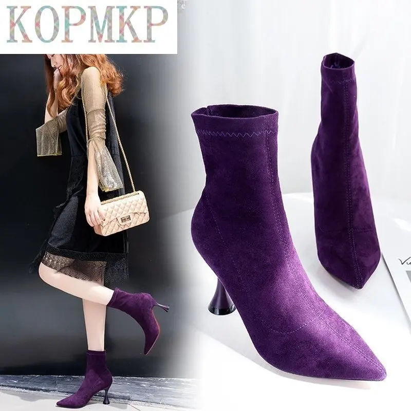 2021 New Fashion Women Ankle Boots Pointed Toe High Heel Stiletto Soft Suede Slip-on Boot Purple Black Red Cozy Botas Flock