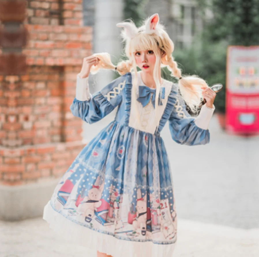 

kawaii girl gothic lolita op loli Vintage sweet princess lolita dress o-neck bowknot cute printing high waist victorian dress