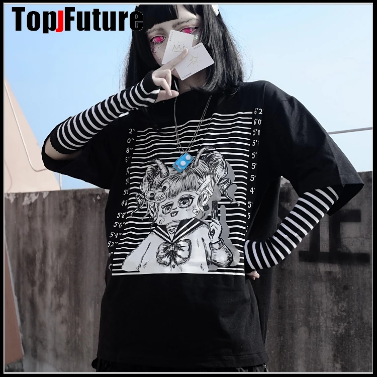 

gothic Lolita Women's College Punk HarajukuDisease sniper dark doll Harajuku printed lovers T-shirt loose top summer with sleeve