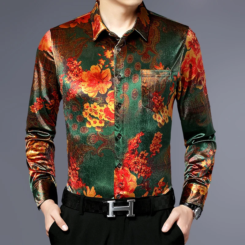 

Floral Printed Blackish Green Velour Long Sleeve Shirts For Mens Warm Winter Clothing Large Sizes Gold Vintage Blouses Husband