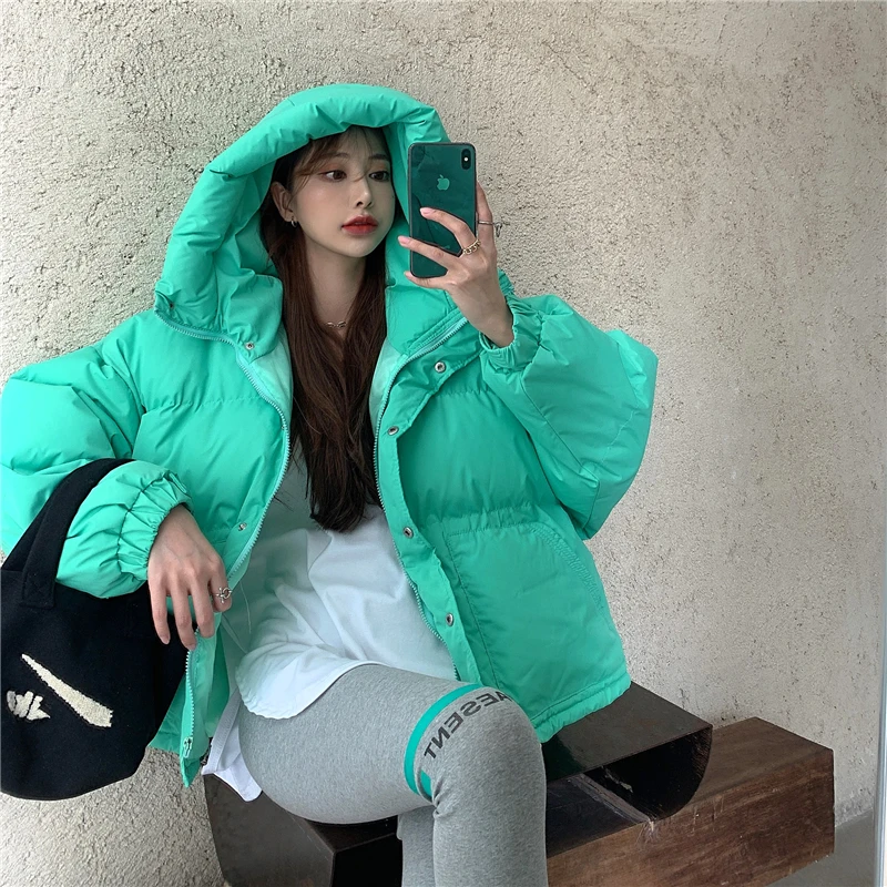 Winter Puffer Cotton-padded Coats Female\'s Oversized Hooded Parka Short Loose Warm Bread Coat Candy Color Cotton Jacket