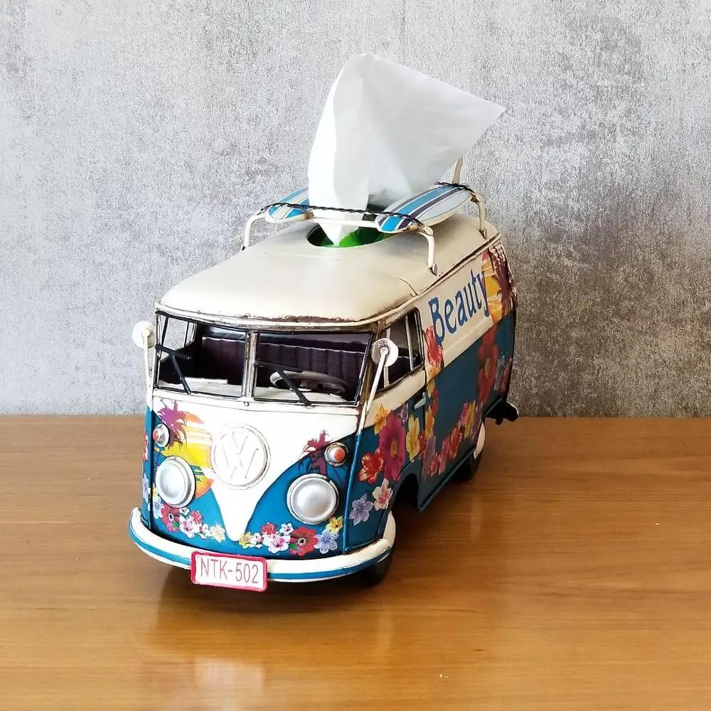 Camping Style Christmas Gift Bus Tissue Box Vintage Ironwork Model Tin Retro Crafts Handmade Handicraft Decorations Modelcar