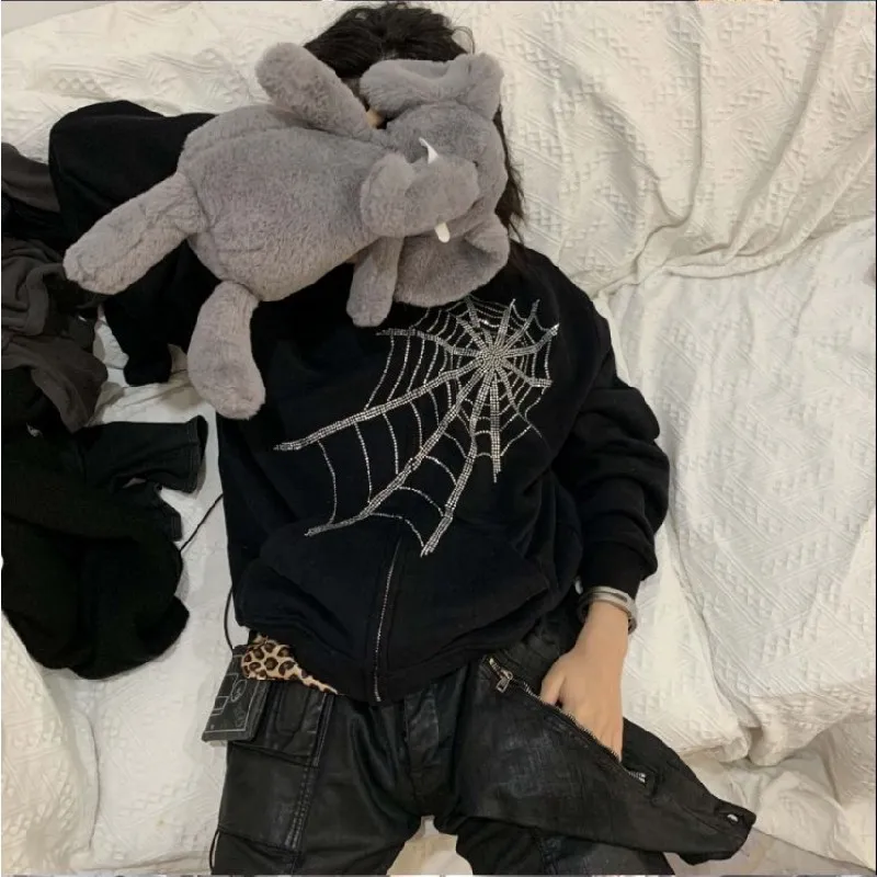 

Gothic Rhinestone Spider Web Hot Rhinestone Zipper Hoodie Couple Jacket Harajuku Punk Oversized Clothes Sweatshirt Unisex Coat