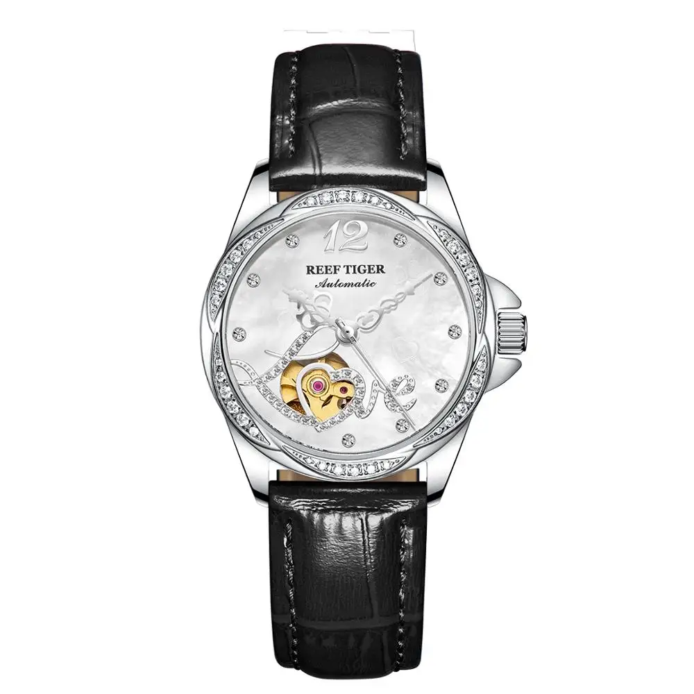 

Reef Tiger/RT Luxury Automatic Flower Diamond Women Watch Steel Waterproof Genuine Leather Relogio Feminino Gift RGA1583