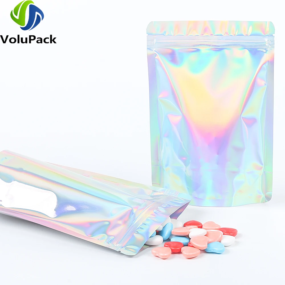 Eco Smell Proof Kitchen Packaging Bags Stand Up Holographic Silver Zipper Clip Pouches Reusable Aluminum Foil Mylar Storage Bags