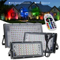 50W 100W RGB LED reflektor AC220V z wtyczką ue IP65 wodoodporny zewnętrzny reflektor punktowy światło halogenowe krajobraz oświetlenie z pilotem