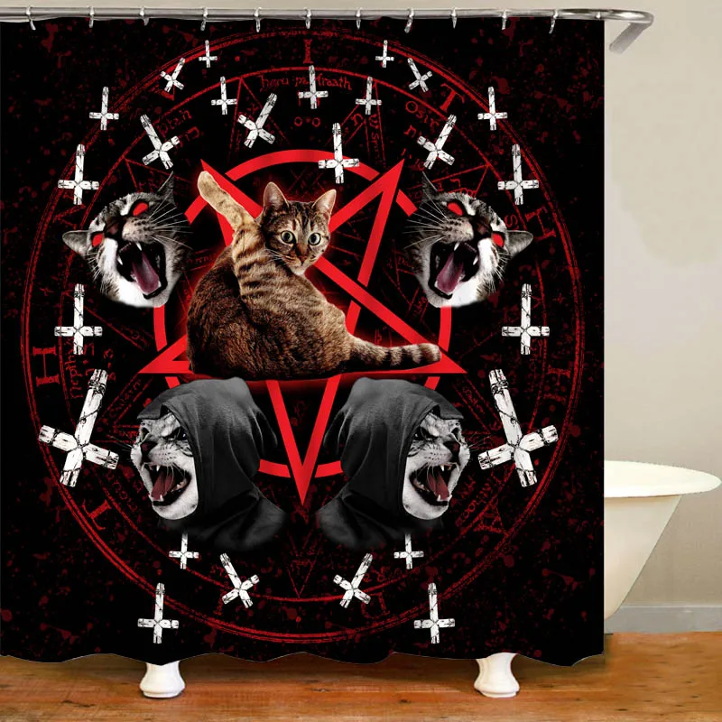 Cool Satanic Cat Pentagram Death Shower Curtain Bathroom Curtain Set Black Metal Band Exorcist Bath Rug Set Evil Punk Cats Decor