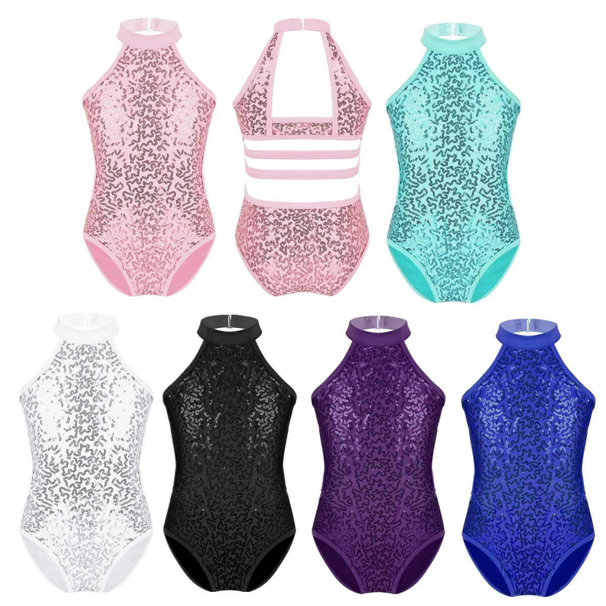 Kids Girls Shiny Sequins Ballet Leotards Sleeveless Cutouts Back Strappy Waist Bodysuits One Piece Gymnastics Dancewear Costume