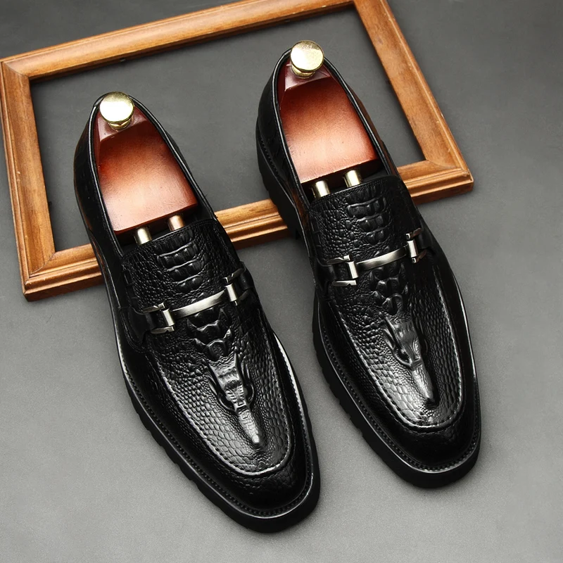 Large Size EUR45 Crocodile Grain Black Mens Prom Shoes Genuine Leather Loafers Wedding Dress Shoes