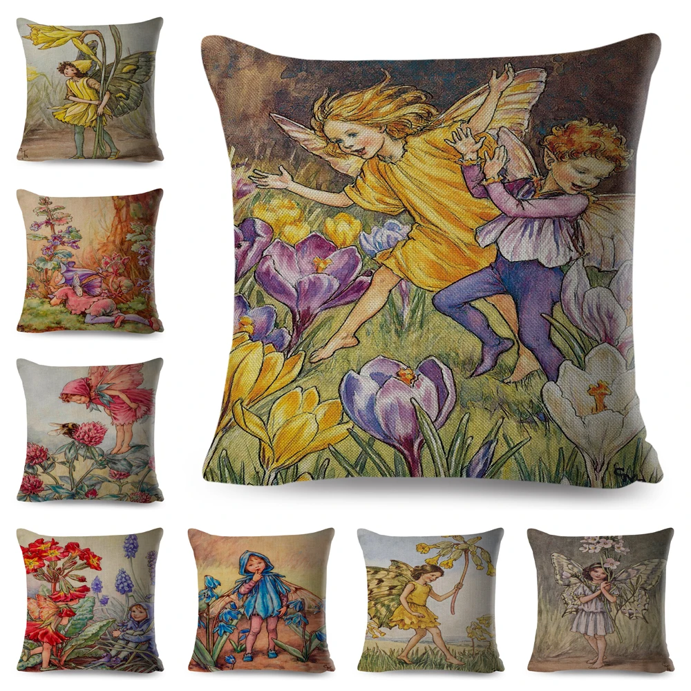 Cute Cartoon Flower Girl Pillowcase Decor Colorful Fairy Tale World Elves Pillow Case Polyester Cushion Cover for Sofa Home Car