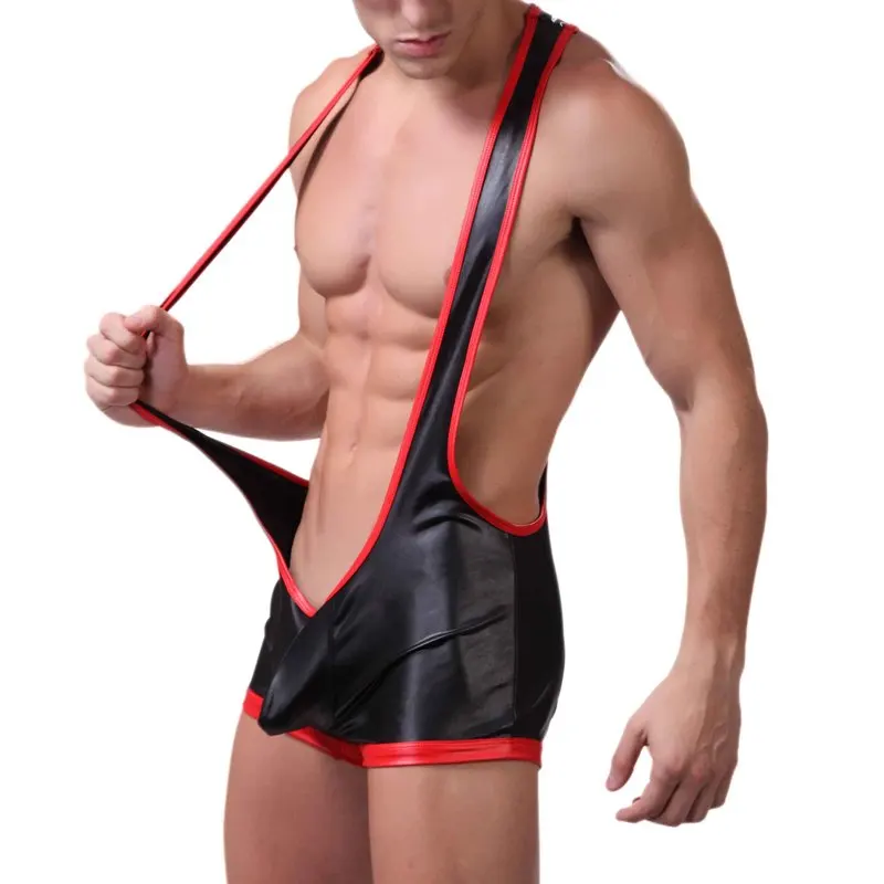 PU Leather Undershirts Leotard Men Bodysuit Jockstrap Latex Lingerie Open Butt Bugle Pouch Jumpsuit Wrestling Singlet Underwear