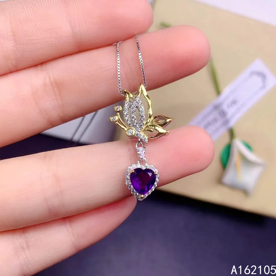 

Fine jewelry 925 pure silver inlaid natural amethyst girl luxury popular butterfly heart Chinese style gem pendant necklace supp