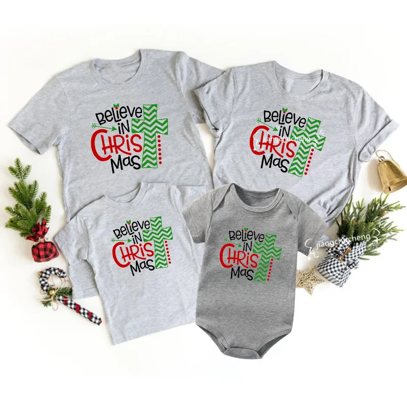 Funny Believe In Christmas Family Matching Clothes Daddy Mommy and Me Family Look Tshirts Cotton Mother Kids Shirt Baby Outfits