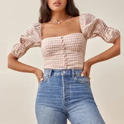 Womens Tops And Blouses 2021 Front Buttons Fitted Summer Casual Plaid Top Women Square Neck Double Puff Sleeve Elegant Blouse