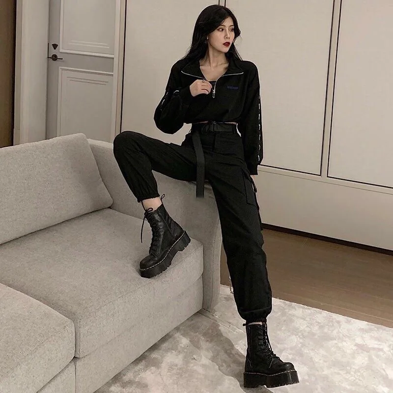 Sport Trouser Women Pants Baggy Harajuku Punk Black Cargo Pants Y2k High Waist Joggers Korea Sweatpants Vetement Femme Free Belt