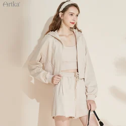 ARTKA 2021 Early Autumn New Women Suit Pure Cotton Fashion Casual Three-piece Hoodie Short Tank Top High Waist Shorts VA20012Q