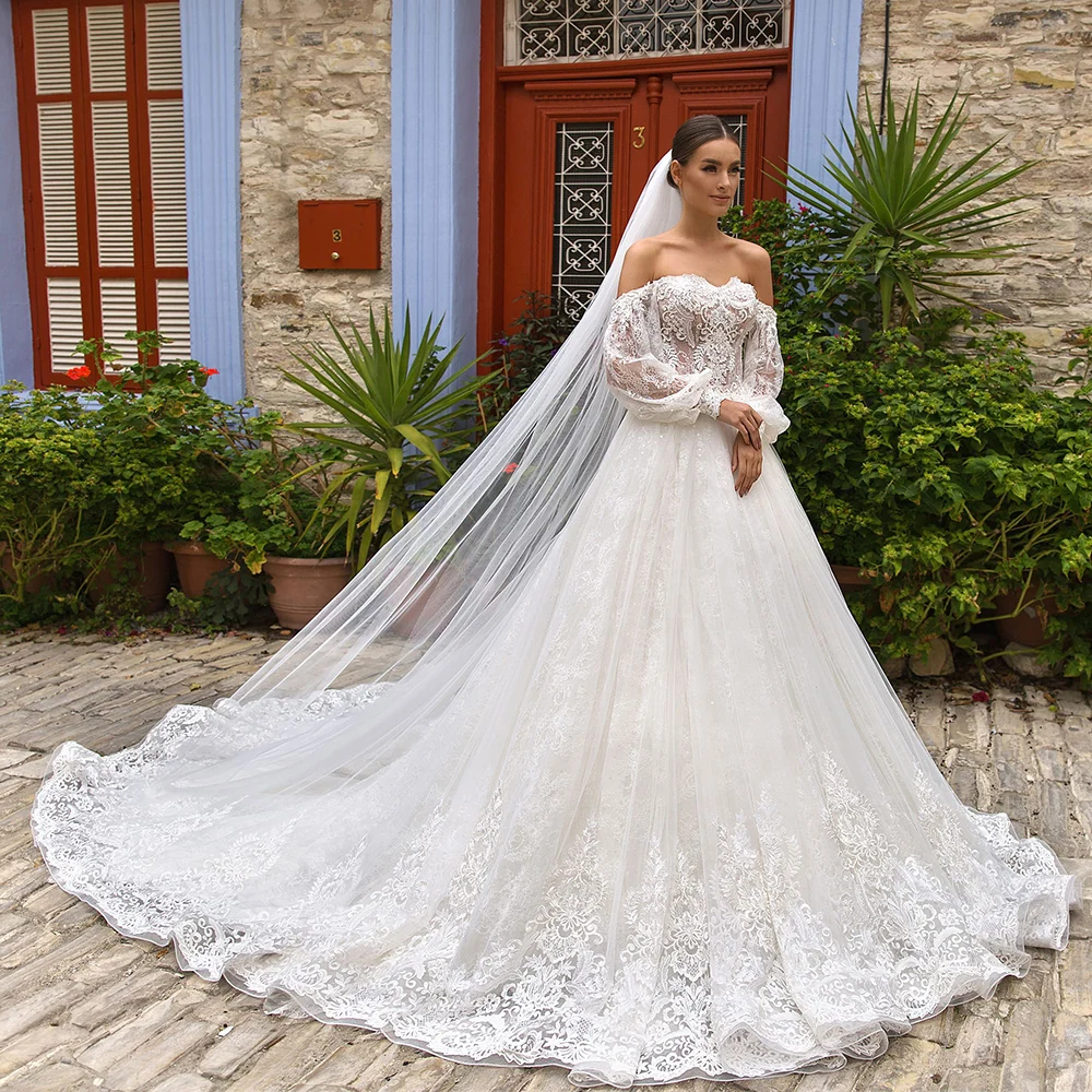 

Vestido De Novia Ball Gown Wedding Dress with Veil Off the Shoulder Robe De Mariage Appliques Tulle Suknia Slubna Hochzeitskleid