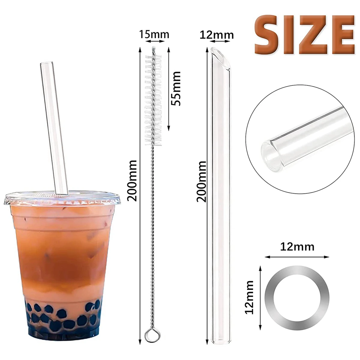 4Pcs Colorful Wide Glass Straws Eco-friendly Reusable Glass Drinking Straws Angled Tips Bubble Tea Straws for Boba Milkshakes