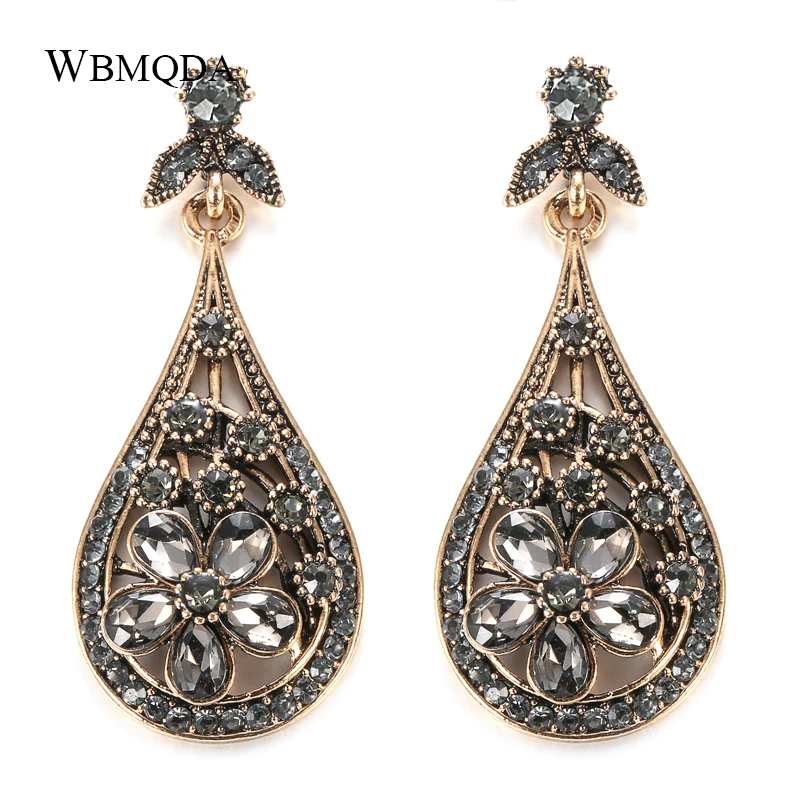 Wbmqda Vintage Crystal Flower Drop Earring For Women Ethnic Bride Jewelry Antique Gold Color Dangle Earring Arabesque Bijoux