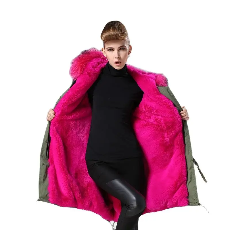 Top Hot Pink Women Fashion Long Real Raccoon Dog Collar Jacket Warm Winter Army Green Fur Parka For Mr Mrs Coat