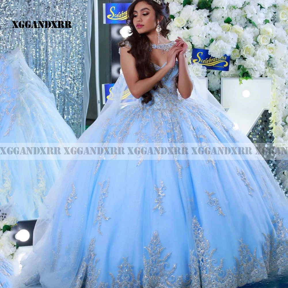 

Charming Blue Ball Gown Quinceanera Dress 2024 Elegant Illusion Beaded Appliques Sweet 16 Princess Dress Pageant Vestidos De 15