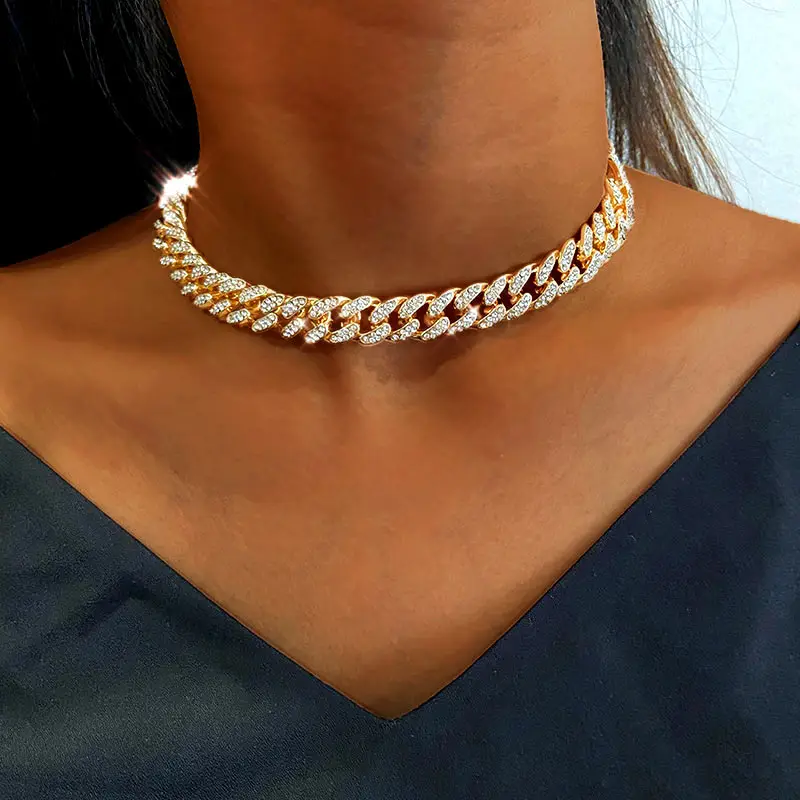 

12mm Miami Cuban Link Chain Gold Silver Color Choker Necklace for Women Iced Out Crystal Rhinestone Necklace Hip hop Jewlery