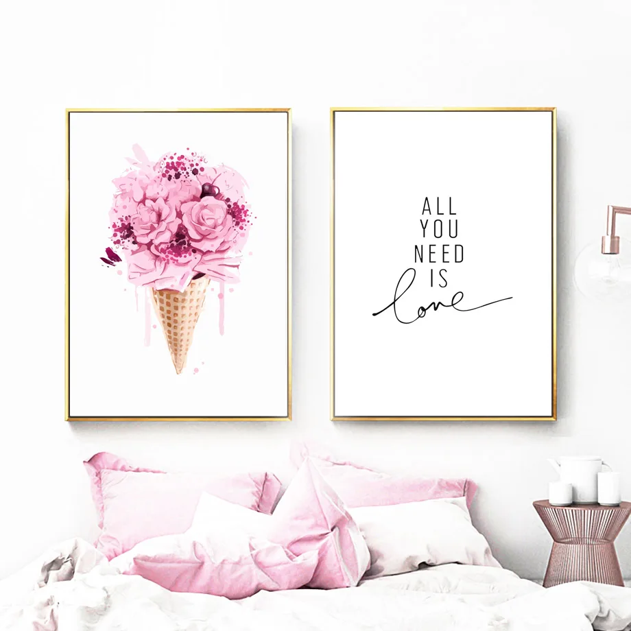 

Nordic Posters And Prints Decorative Pink Flamingo Flower Ice Cream Love Quote Wall Art Canvas Painting For Living Room Decor