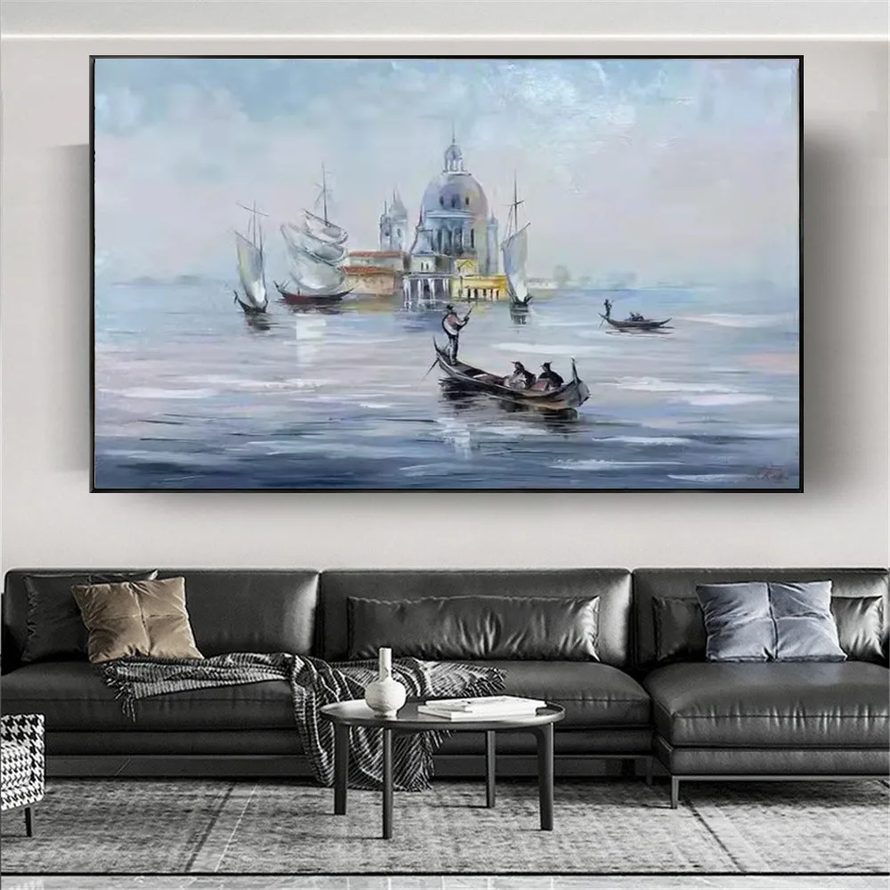 

Original Utopia City Wall Paintings Modern Hand-Painted Oil Painting Mosque Landscape Canvas Poster Hope Sea View Home Decor