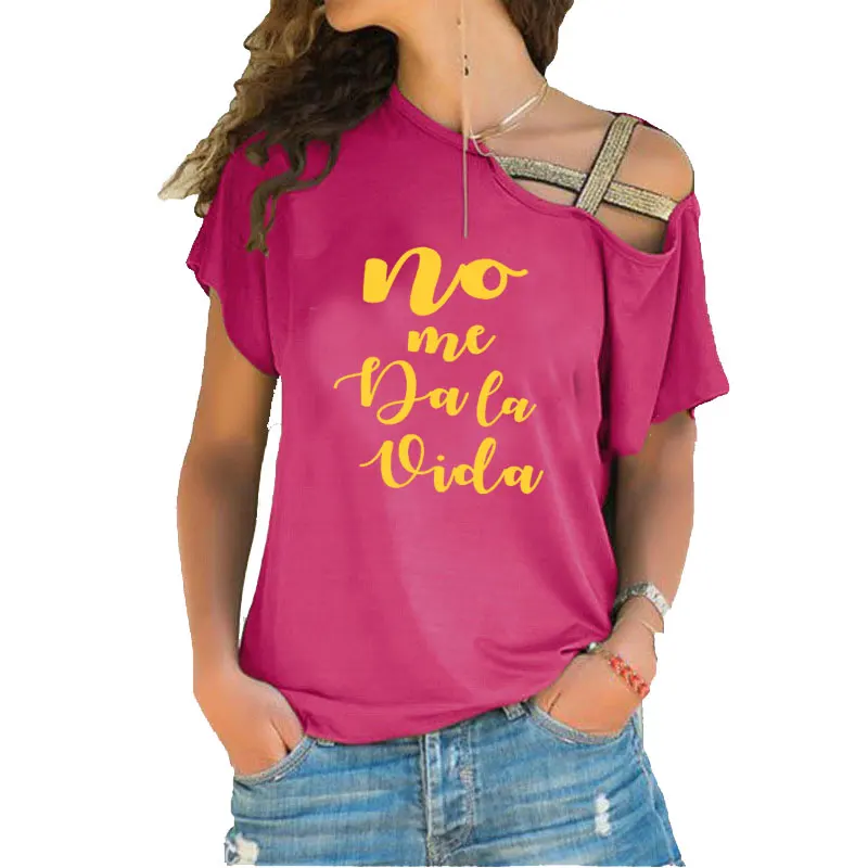 Niet Geven Me Leven Spaans Brief Print Fashion Zomer Vrouwen T-shirt Korte Mouw Casual Onregelmatige Skew Cross Bandage Tee top