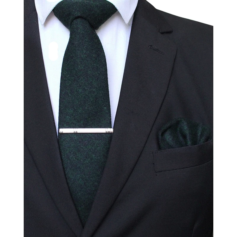 KAMBERFT Solid Color Cashmere Wool Necktie and Pocket Square Tie Clip Sets for Men 8cm Red Brown Green Gray For Men Wedding Tie