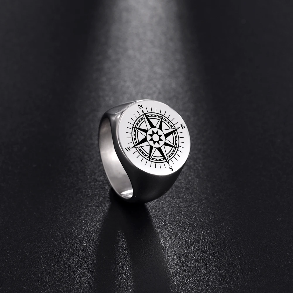 COOLTIME Retro Compass Signet Men's Ring Stainless Steel Punk Rings Vintage Jewelry Amulet Wicca Rock Hiphop Gift