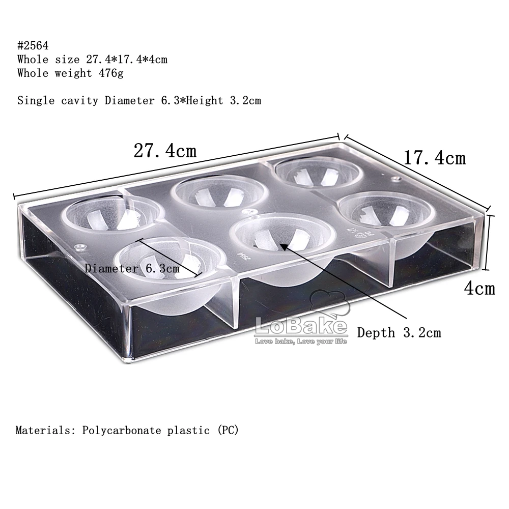 6 cavities 6.3cm diameter 3D half ball shape PC polycarbonate chocolate mold candy mould fondant mousse cake molds DIY baking