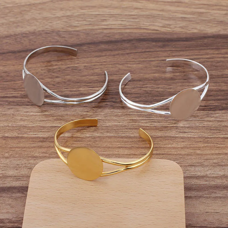 10pcs Women DIY Open Cuff Copper Bangle Bracelet Base Blank Findings with 25mm Flat Circle Pad Setting Cabochon Cameo Punk Boho