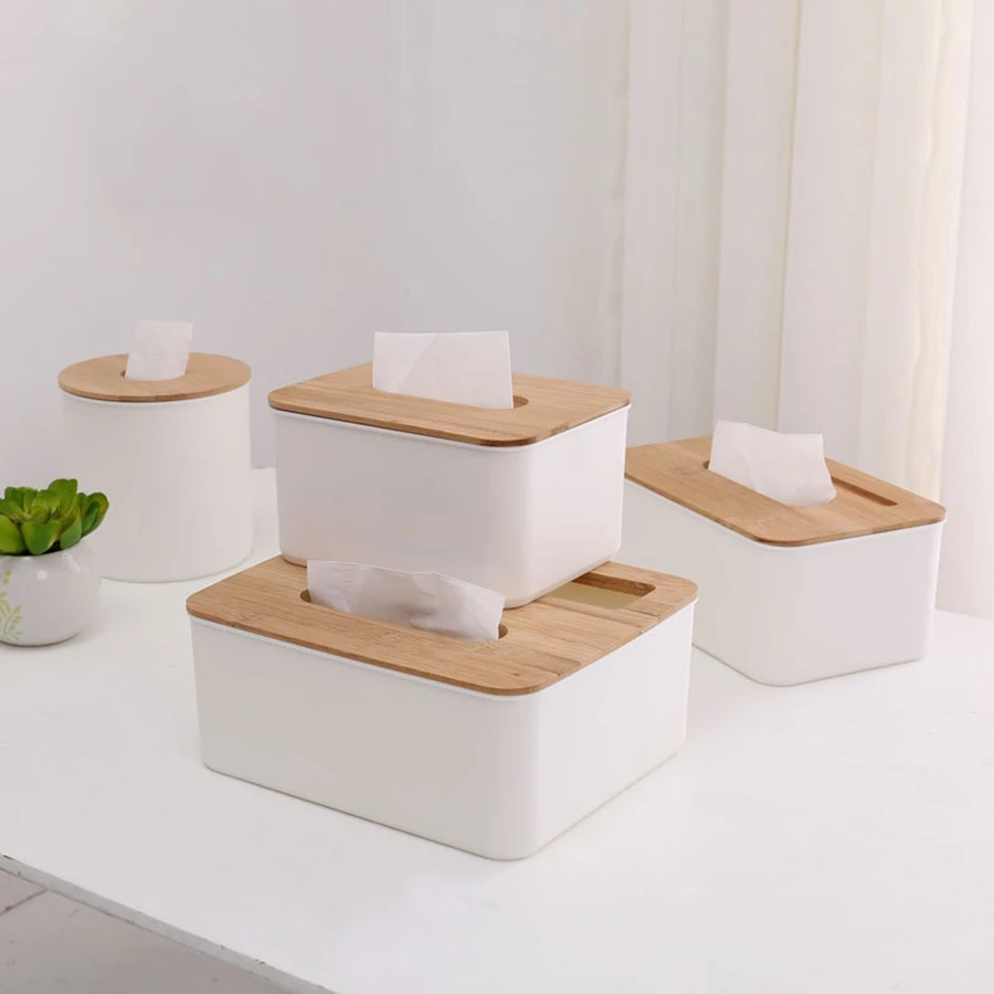 New Plastic Tissue Box with Bamboo Lid Holder Kitchen Storage Box Office Home  Table Organizer Car Tissue Box With Phone Shelf