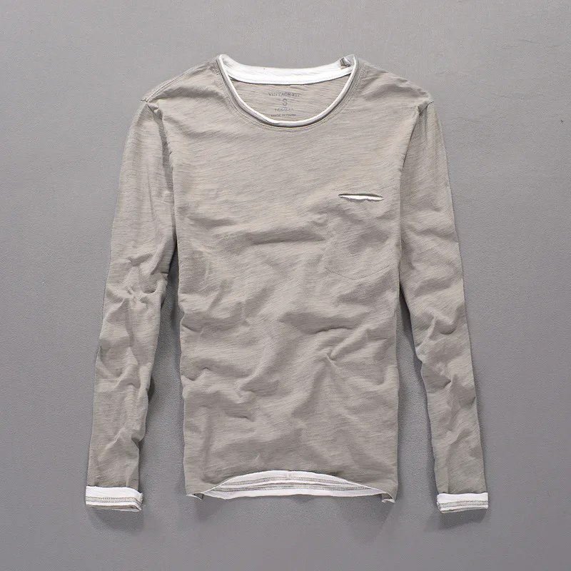 Men's Vintage Bamboo Slub Cotton Long Sleeve T-shirt Fashion O-Neck Male Casual Tee Tshirts Comfortable Soft Tops Fake Pocket