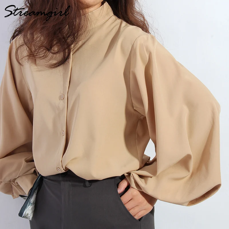 Streamgirl Women\'s Elegant Blouses Lantern Sleeve Chiffon Shirts Formal 2022 Spring Office Lady Stand-up Collar Shirts For Women