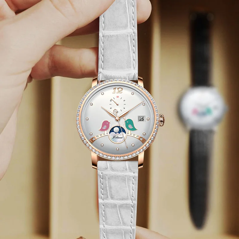 Reloj LOBINNI para mujer, correa de cuero genuino, esfera de diamante, fase lunar, reloj mecánico automático, reloj femenino de cristal de zafiro