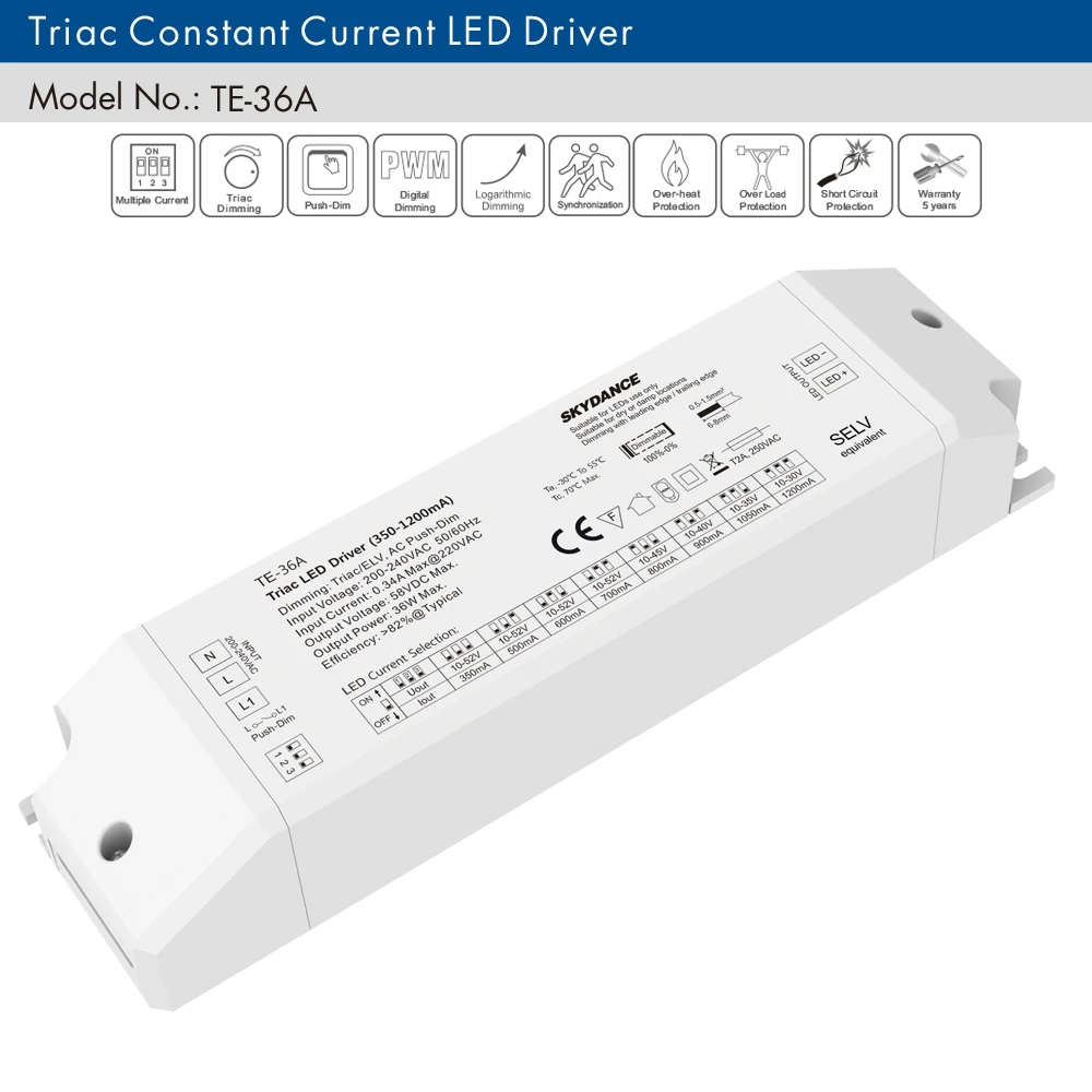 Led Triac Dimming Driver TE-15A/25A/36A 200-240V input,Output 15-36W 150-1200mA constant current Triac Dimmable LED Driver