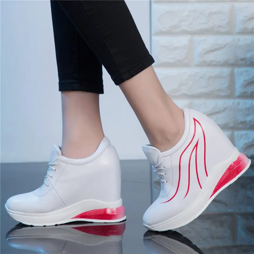 New Trainers Women Lace Up Genuine Leather Wedges High Heel Platform Pumps Shoes Female Round Toe Fashion Sneakers Casual Shoes