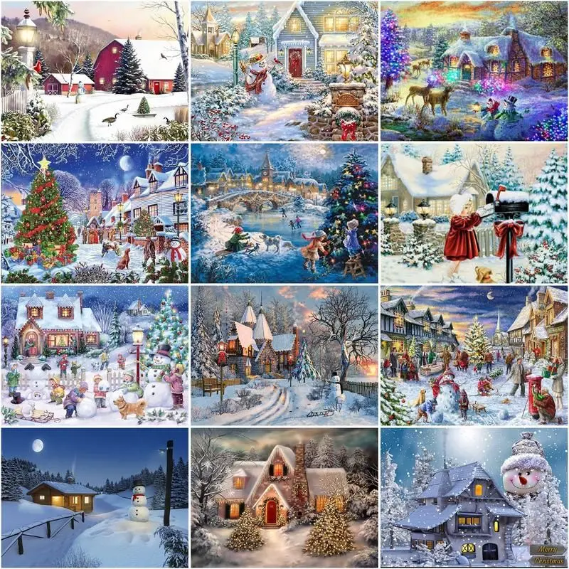 

GATYZTORY Full Square Round Diamond Painting Winter Houses Landscape Cross Stitch Set Picture Of Rhinestones Mosaic Christmas Gi