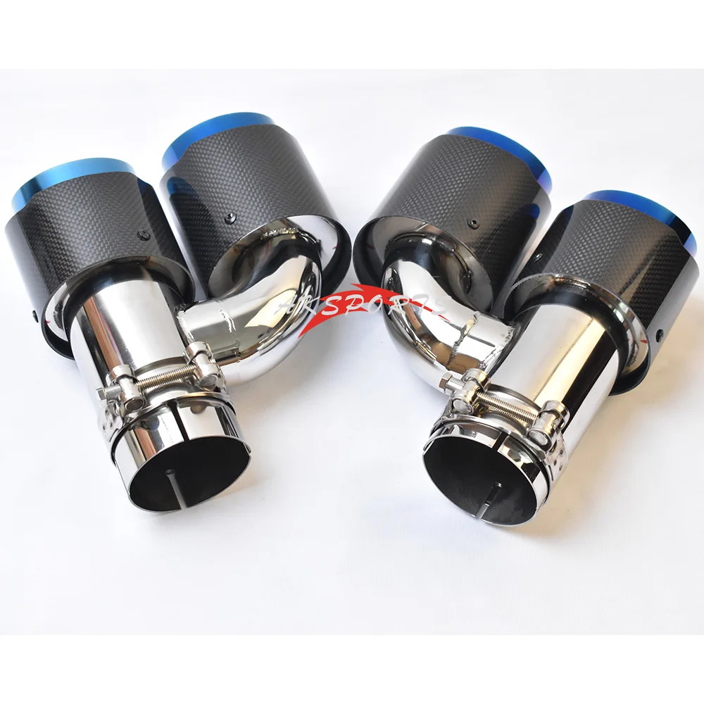 2PCS H Style Dual Glossy Carbon Fiber Stainless Steel Burnt Blue  Exhaust Pipe Universal Auto Tip Double Muffler Tip