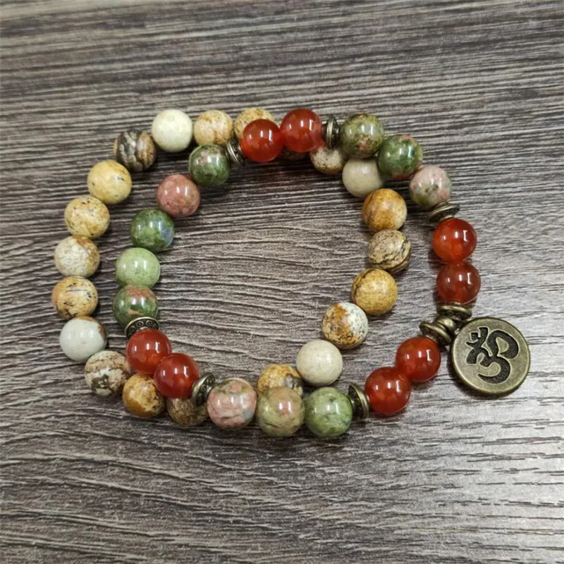 Charm Stone Wrist Mala Healing Crystal Lotus OM J-asper Bracelet Sets For Men Women Medetation Yoga Bead Carnelian Bracelet 2 pc view 3