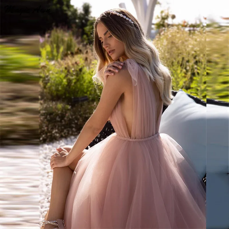 Magic Awn Sexy Blush abiti da sposa Boho scollo a v senza maniche spiaggia A-Line Tulle abiti da sposa Backless semplice abito economico Mariage