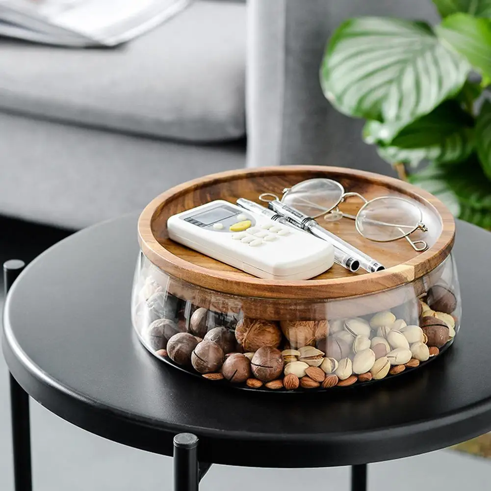 Creative Glass Nuts And Dry Fruits Storage Box Container Double Layer Candy Storage Box With Wooden Lid For Home Kitchen Supply