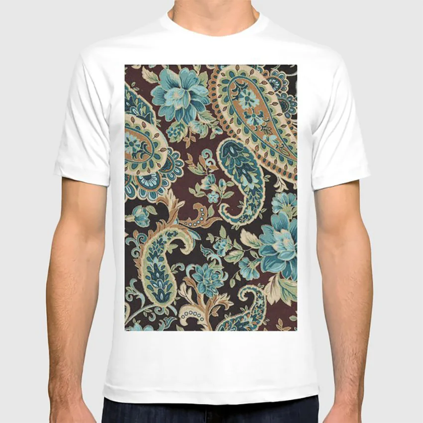 Brown Turquoise Paisley T Shirt Baroque Floral Damask Ornament Pattern Textile Aristocrat Socialite Model Cabaret